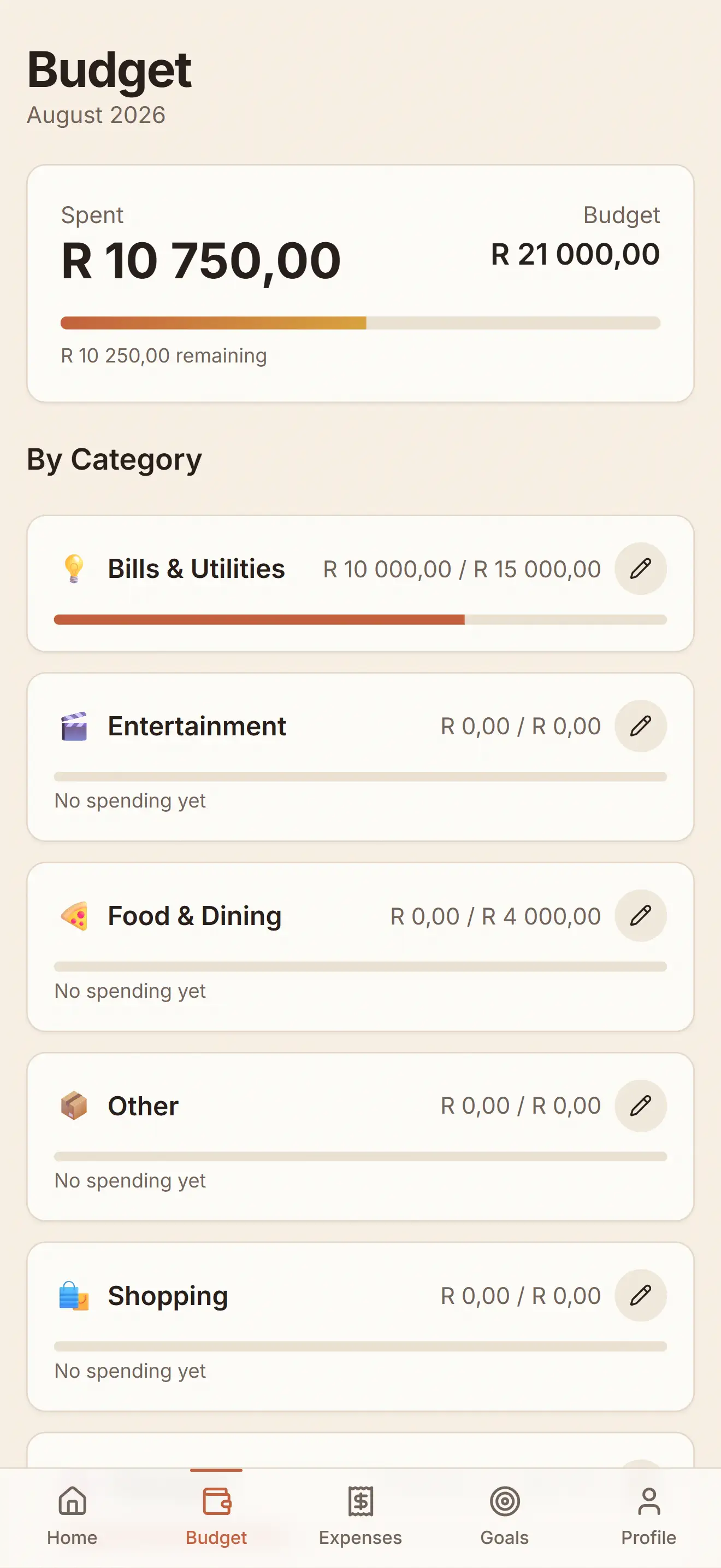 Crest budget screen with spending categories and progress bars